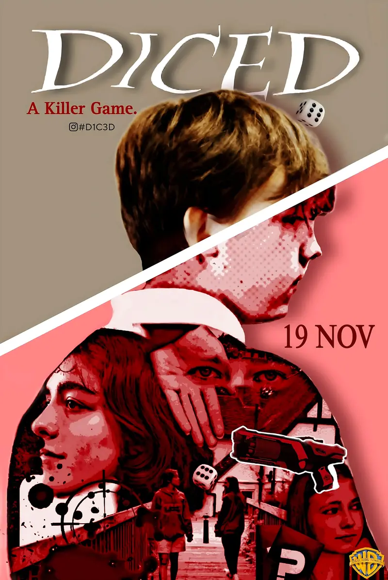 DICED film poster: a boy above a diagonal split, below it a red collage of faces, dice and a figure with a gun, release date 19 Nov.
