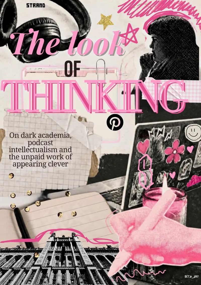 Cover design: The look of thinking, in pink and black collage.