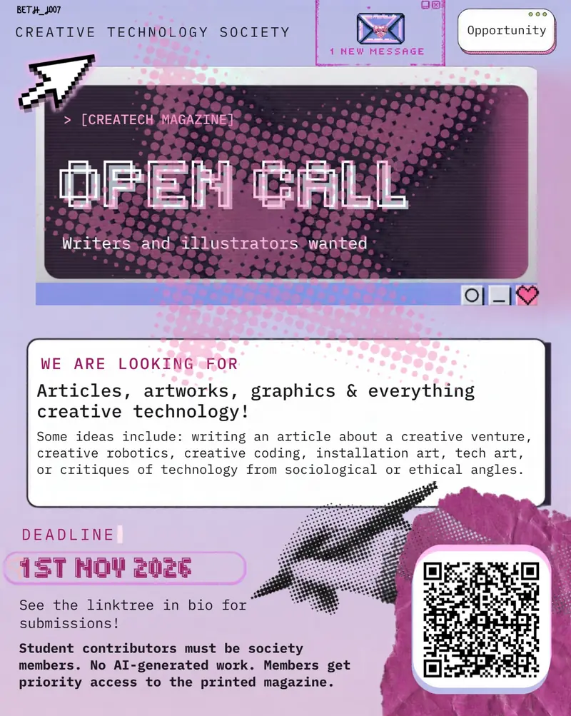 Createch Magazine open call poster in lilac and pink.