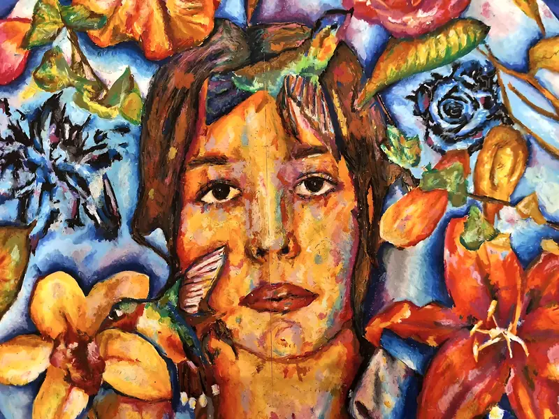 Detail of a floral portrait: a woman among orange lilies, blue roses and a hummingbird.