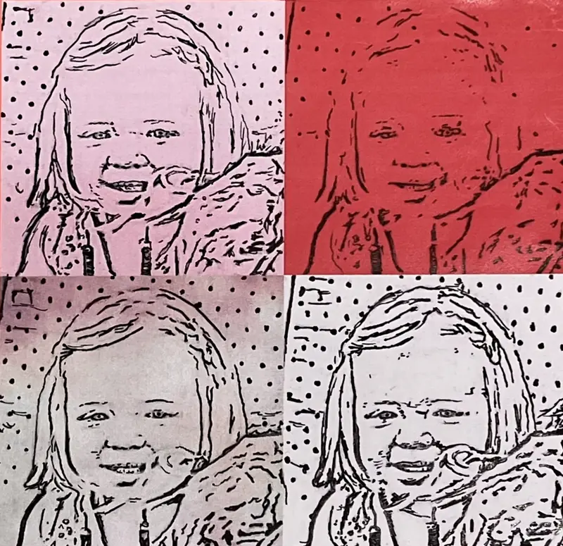 Four-panel pop-art print of a child’s face in black line on pink and red.