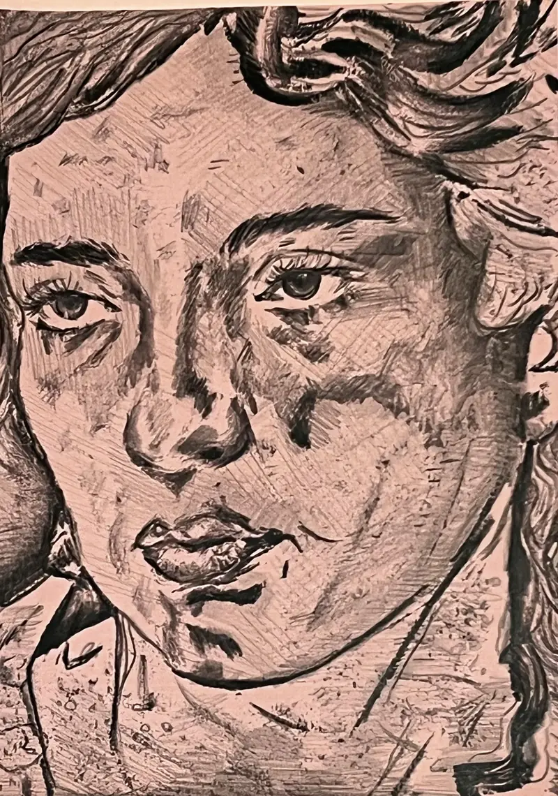 Portrait of a young woman in black hatched line on peach paper.