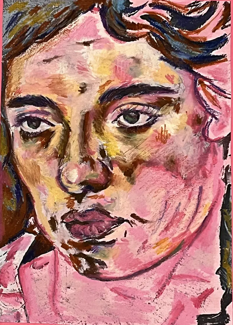 Portrait of a young woman in pink, yellow and blue strokes on pink card.