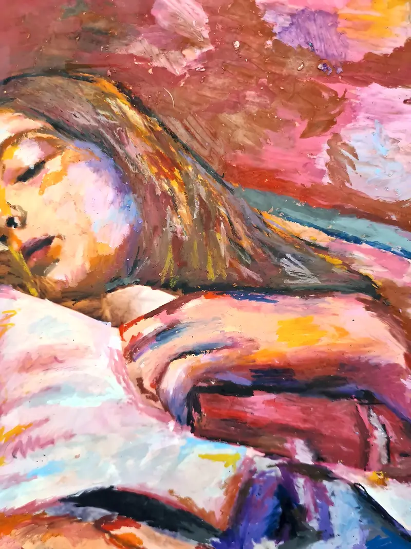 Detail of the sleeping girl painting: the face and hair against the pillow.