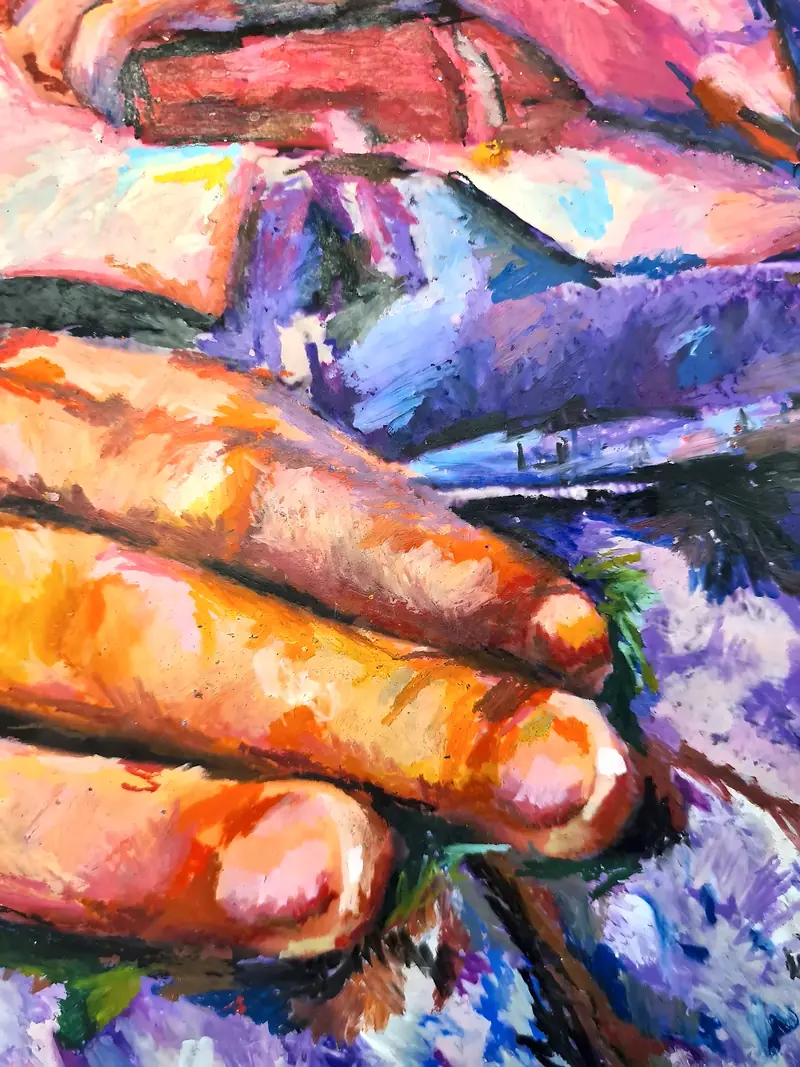 Detail of the sleeping girl painting: the large hand, built in orange, pink and violet strokes.