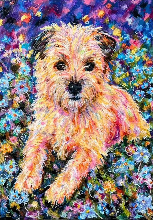Memorial pet portrait of a terrier lying among wildflowers.