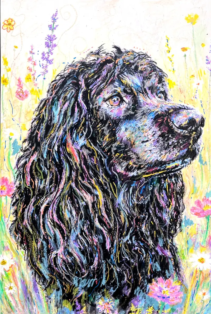 Pet portrait of a black curly-coated spaniel among lavender and wildflowers.