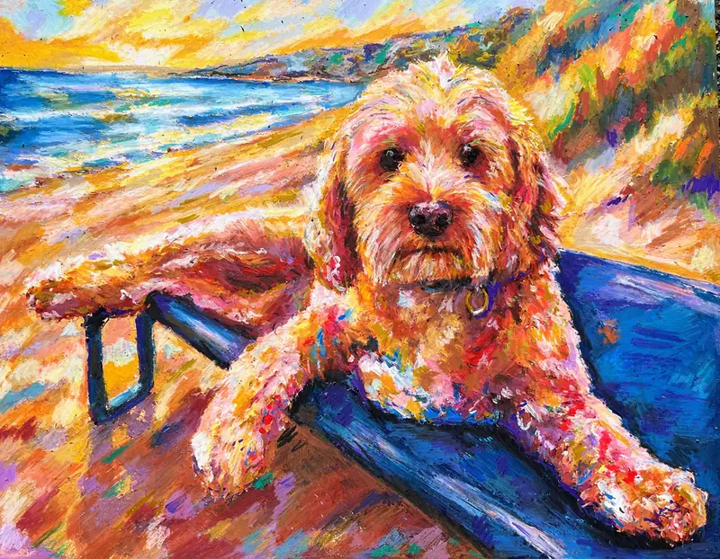 Pet portrait of an apricot dog lying on a blue beach chair, sea and sand behind in oranges and blues.