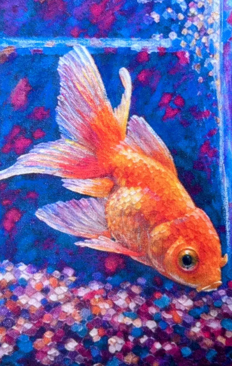 Pet portrait of an orange goldfish over a blue and magenta tank.