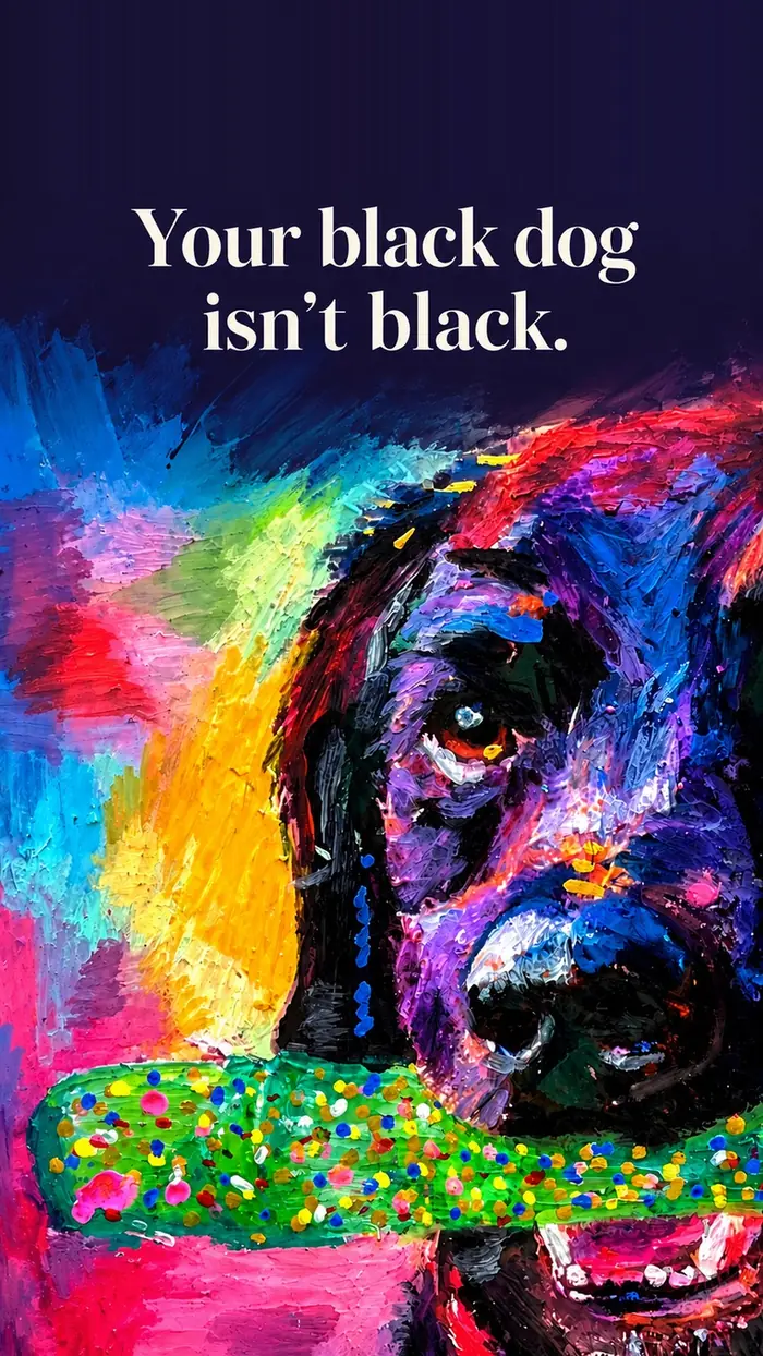Post graphic: a black dog in rainbow colours with the words Your black dog isn’t black.
