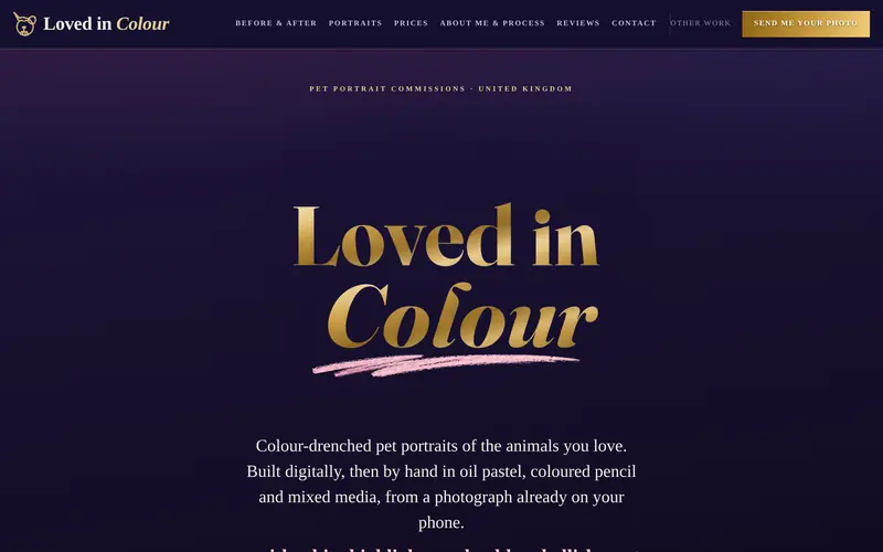 The Loved in Colour website home page in midnight and gold.