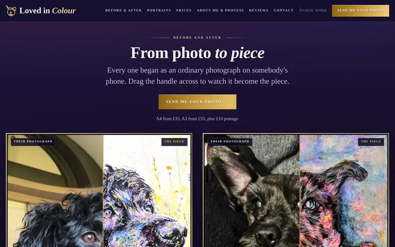 Loved in Colour website: From photo to piece, two before and after sliders.