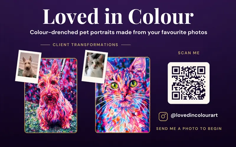 Wide card: two client photos pinned beside their finished portraits, with a QR code.